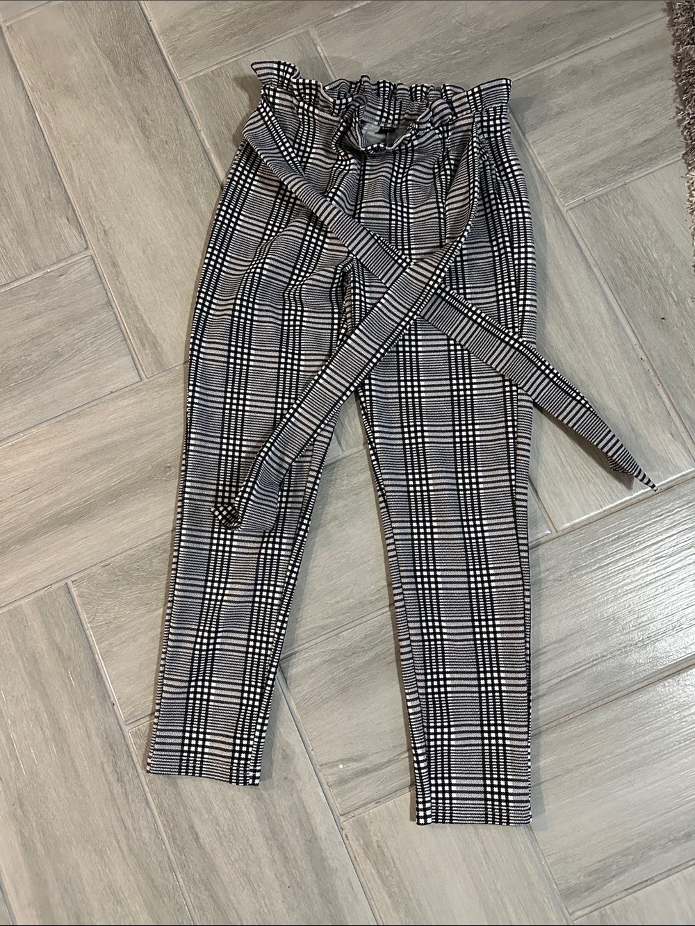 Black & White Plaid Paperbag Waist Boot Cut Pants stretch Waist